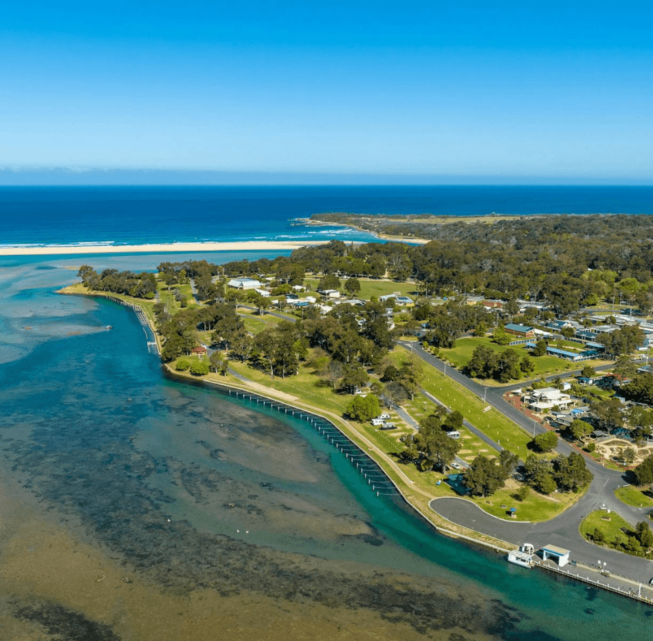 Aerial view of Mallacoota showing Silver Bream Motel's central location